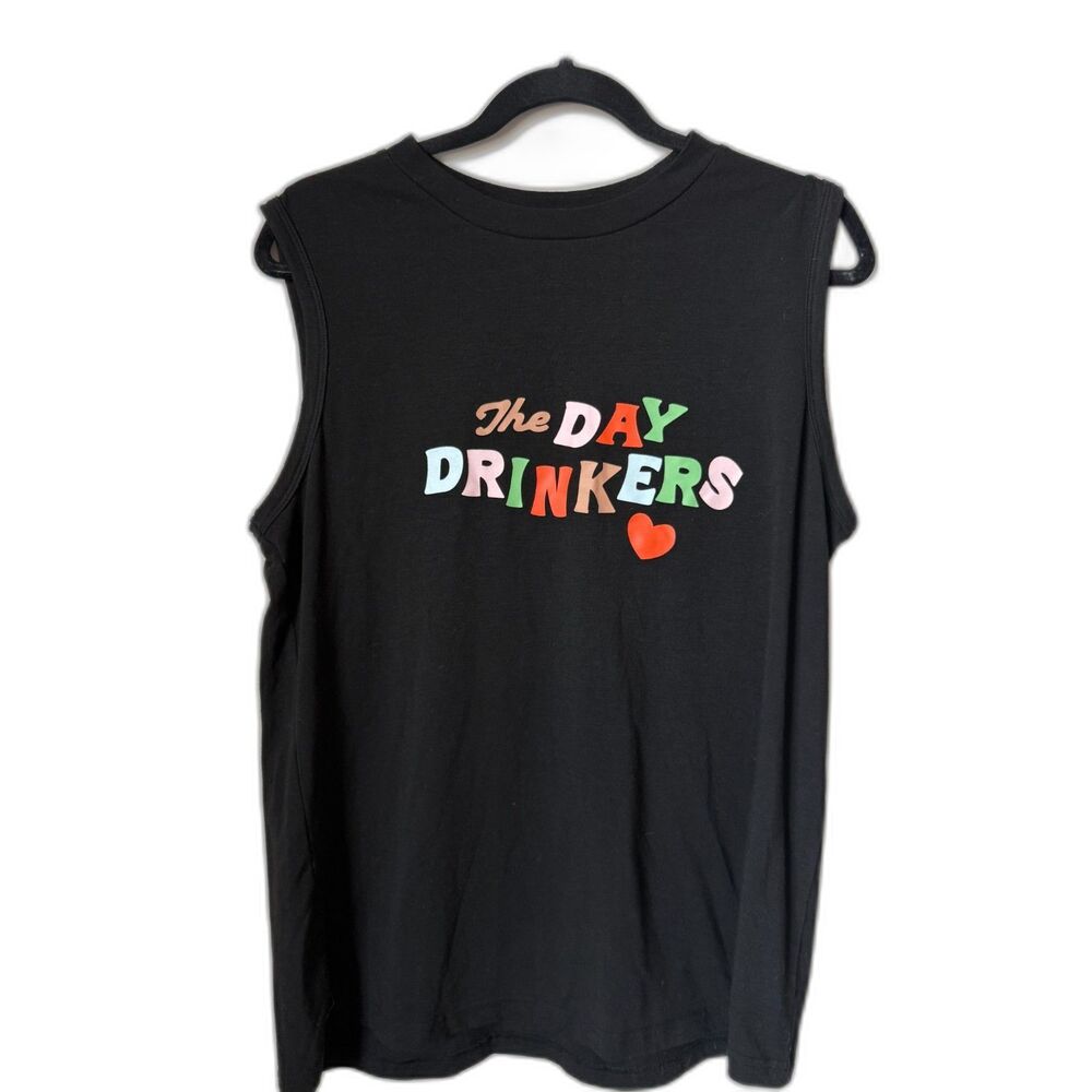 The Day Drinkers Muscle Tank Top Black Graphic Party Tee Summer Size L